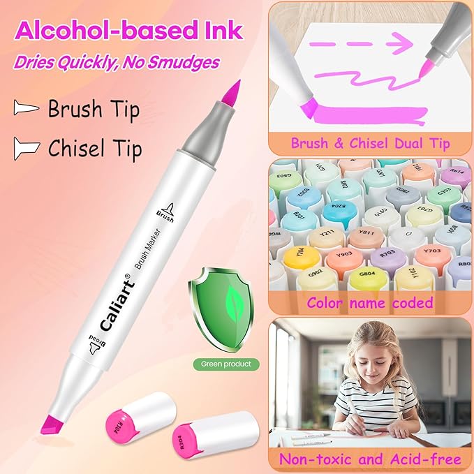 Caliart 101 Colors Brush & Chisel Alcohol Markers for Adult Coloring Book, Dual Tip Artist Sketch Art Markers, Aesthetic Cute Preppy Stuff School Supplies, Pens for Lettering Drawing Cards Planner-DeskLoop Office