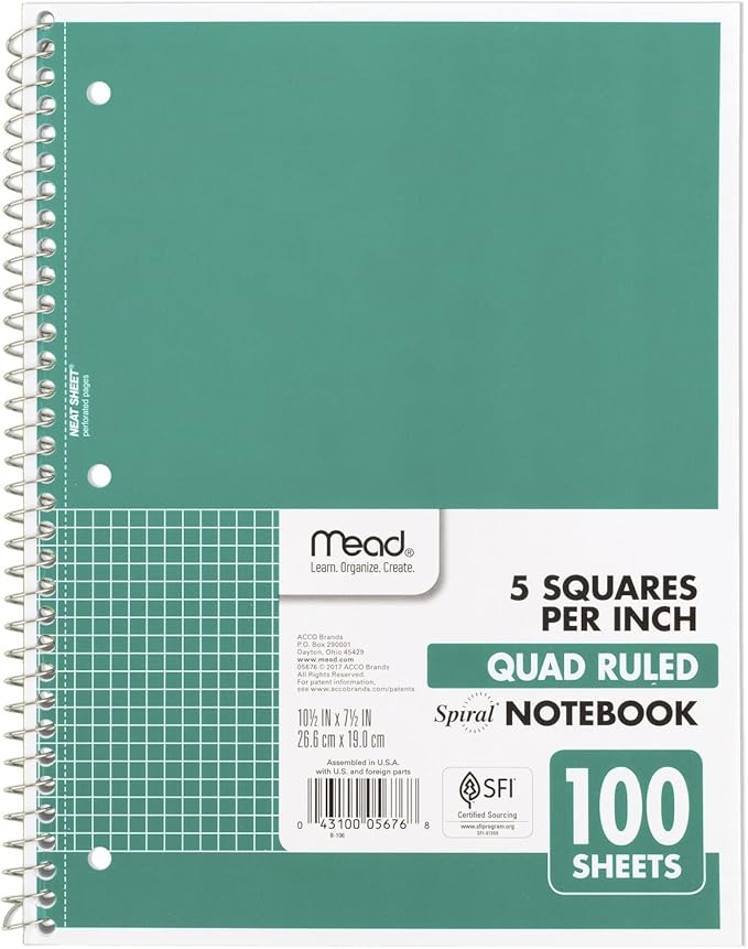 Mead Spiral Notebook, 1 Subject, Graph Ruled Paper, 7-1/2" x 10-1/2", 100 Sheets by Mead