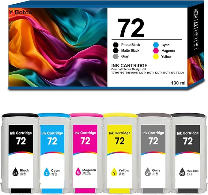 High Yield 72 Ink Cartridges C9403A C9370A C9371A C9372A C9373A C9374A Replacement for HP 72 Ink Cartridges for T770 T790 T795 T610 T620 T1100 T1120 T1200 T1300 T2300 Printers Ink(6 Pack, 130ML)-DeskLoop Office
