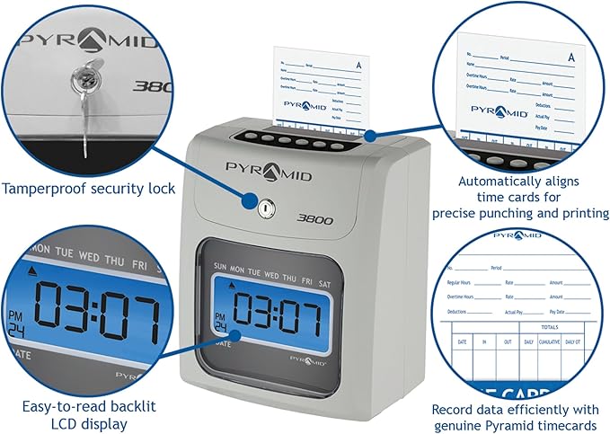 Pyramid Time Systems - Model 3800 Auto Totaling Time Clock, Electronic Time Punch Clock for Small Business, Bundle Includes: 50 Time Cards, 1 Ink Ribbon and 2 Security Keys - Ivory-DeskLoop Office