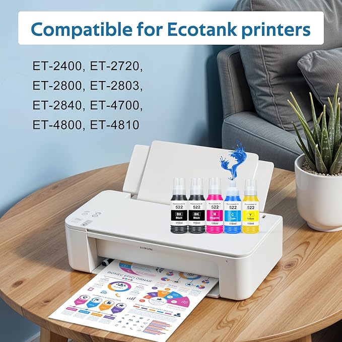 522 High Capacity Ink Refill Bottles Combo Pack Remanufactured for Epson 522 EcoTank Ink Works with EcoTank ET-2400, ET-2720, ET-2800, ET-2803, ET-2840 (5 Pack,550ML, Not Sublimation Ink)-DeskLoop Office
