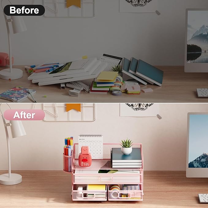 Marbrasse 3 Tier Mesh Desk Organizer with Drawer, Multi-Functional Desk Organizers and Accessories, Paper Letter Organizer with 2 Pen Holder for Home Office Supplies (Pink)-DeskLoop Office