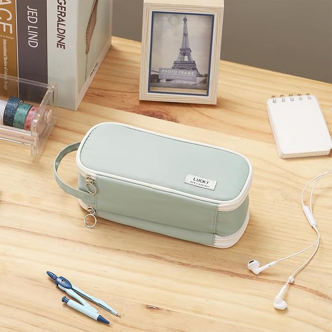 Large Pencil Case Zipper Pencil Pouch for Girls Adults Kids Aesthetic Pencil Bag with Handle Portable Big Capacity Pen Bag Organizer for School Office Green-DeskLoop Office