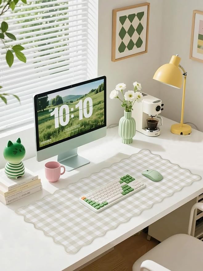 Scalloped‌ Beige Checkered Gingham Desk Mat Cute Pastel Large Mouse Pad Kawaii - Image 2