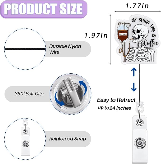 My Blood Type is Coffee Badge Reel Retractable, Funny Skeleton Badge Reel - Image 2
