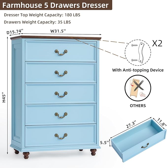 Farmhouse 5 Drawer Dresser Set of 2 for Bedroom, 45" Tall Vintage Chests of Drawers w/ 4 Solid Wood Feet, Mid Century Rustic Closet Storage Dressers Organizer for Living Room, Light Blue-DeskLoop Office