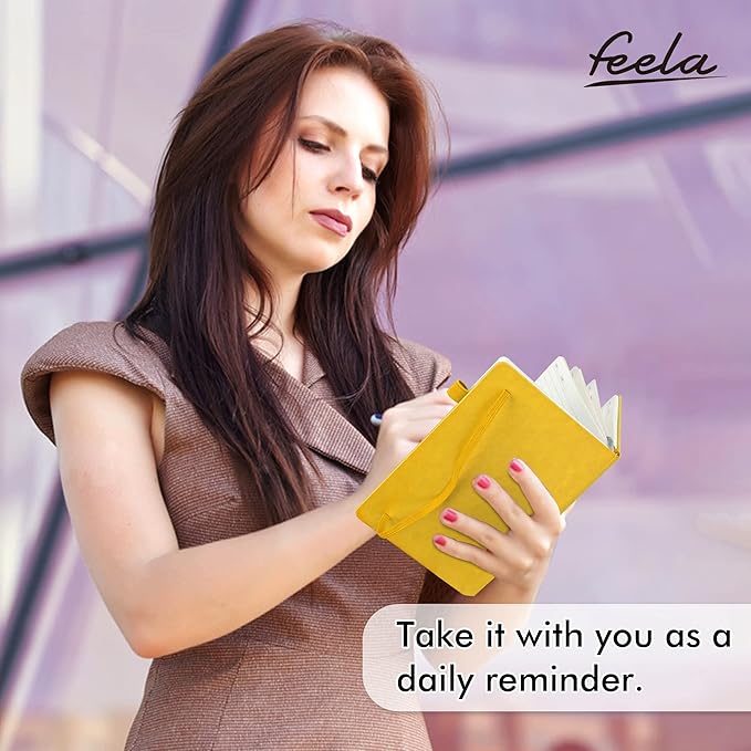 feela 24 Pack Journal Notebook for Work, Business Notebook Bulk Hardcover Lined Writing Journal with Pen Holder for Men Women Note Taking, with 24 Black Pens, 120 GSM, 5.1”x8.3”, A5, Yellow-DeskLoop Office