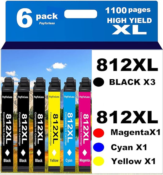812XL Remanufactured for Epson 812XL Ink cartridges Combo Pack 812 XL T812 for Workforce Pro WF-7840 WF-7820 WF-7310 EC-C7000 Printer 6 Pack 3 Black 1 Cyan 1 Magenta 1 Yellow-DeskLoop Office