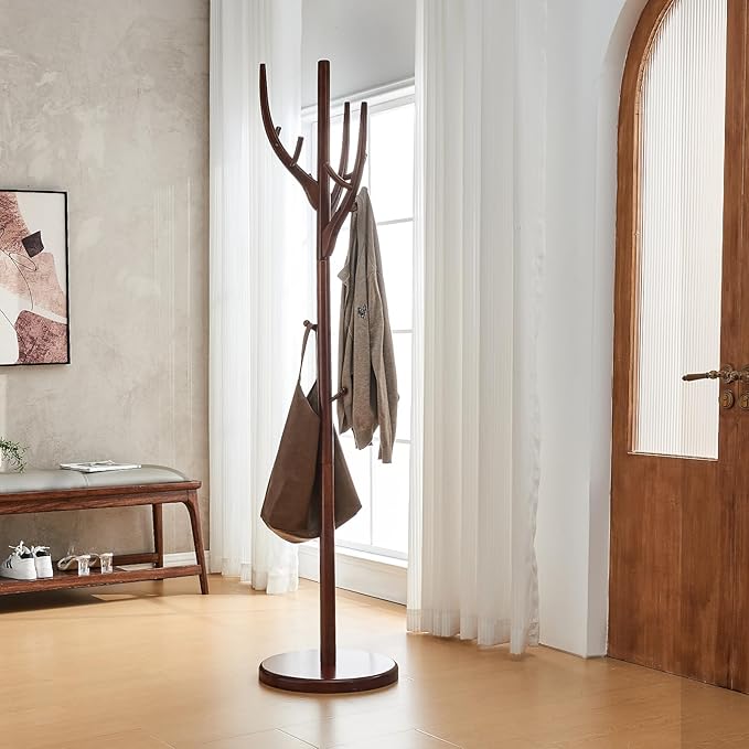 Uniclinens Coat Rack Freestanding Solid Wood Coat Tree Standing with 12 Hooks, Coat Rack Stand Creative Tree Branch-look (Walnut)-DeskLoop Office