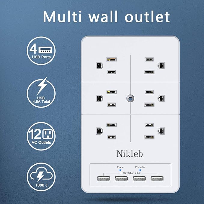 Multi Plug Outlet Surge Protector Nikleb, 12 Electrical Outlets Extender with 4 USB Charging Ports Total 4.8A, Wall Plug Expander 3 Prong for Room, Office, Gaming, Cord Organizer Accessories-DeskLoop Office