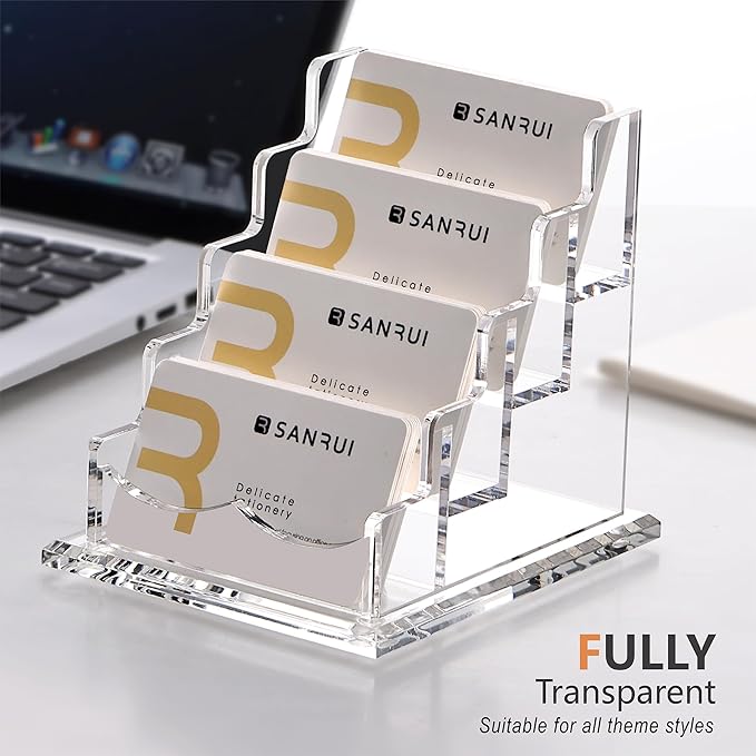 SANRUI Clear Acrylic Business Card Holder for Desk Display Stand Holders Organizer Rack , 4 Tier 4 Pocket , Holds 200 cards-DeskLoop Office