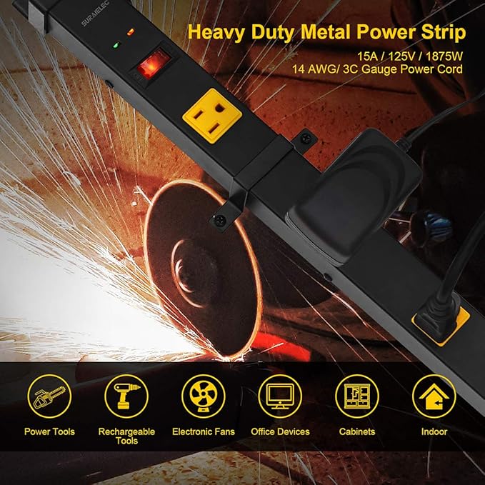 SURAIELEC 10 Outlet Long Power Strip Surge Protector, Industrial Heavy Duty Metal Shop Power Strip Flat Plug, 1000 Joules, 15 A Breaker, 6FT Cord, Wall Mountable, for Work Bench, Shop, Garage, 2 Pack-DeskLoop Office