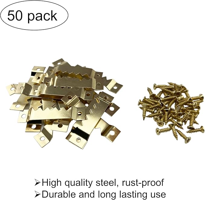 50 Pack Large Sawtooth Picture Hangers Steel Picture Hangers Picture Frames Hangers with Screws Picture Hang Solutions, for Hanging Clock Paintings Artwork Picture Frame Hook Photos (Gold)-DeskLoop Office