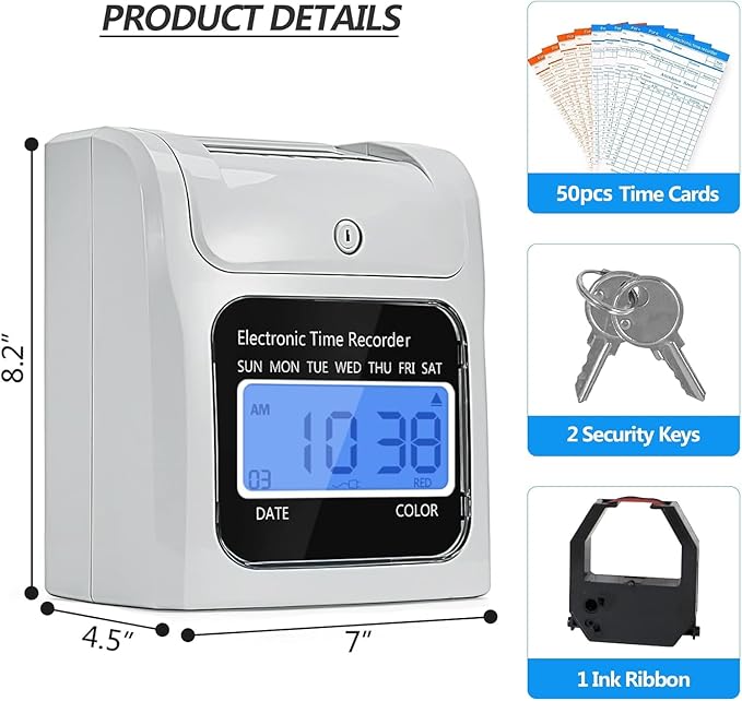 Employee Time Clocks for Small Business, Auto-Align Time Clock Punch Machine with 50-Piece Time Cards, Two Security Keys, and One Ink Ribbon Cartridge-DeskLoop Office