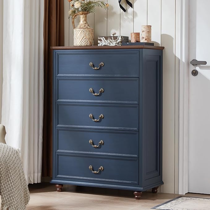 Farmhouse 5 Drawer Dresser for Bedroom, 45" Tall Rustic Chests of Drawers w/ 4 Solid Wood Feet, Mid Century Modern Wooden Closet Storage Dressers Organizer for Living Room, Hallway, Navy Blue-DeskLoop Office
