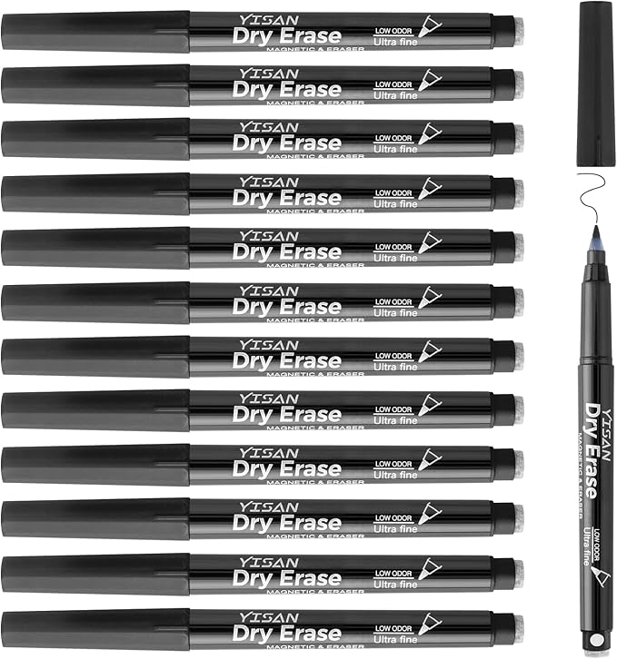 YISAN Black Dry Erase Markers Ultra Fine Tip, 0.7mm Extra Fine Point, Low Odor by YISAN