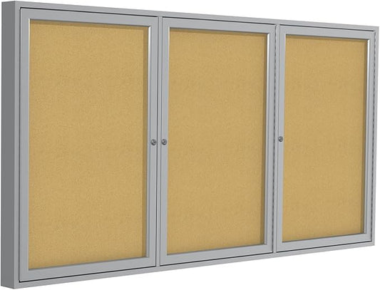 Ghent 48"x72" 3-Door indoor Enclosed Bulletin Board , Shatter Resistant, with Lock, Satin Aluminum Frame Natural Cork (PA34872K) Made in the USA-DeskLoop Office