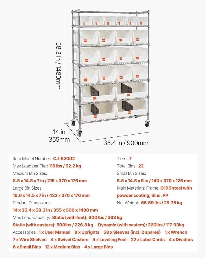 VEVOR 7-Tier Rolling Bin Storage Rack, 22 Organizer Bins, Bin Rack Storage - Image 3