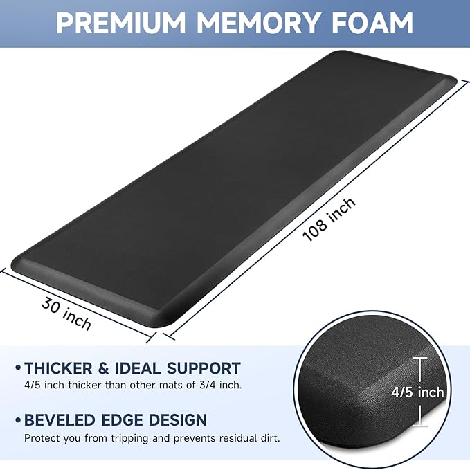 4/5 Inch Thick Kitchen Mats for Floor, StepRite Kitchen Rug for Standing Desk, Non-Slip, Thicker, Stain Resistant, Waterproof, Comfort Anti Fatigue Floor Mat for Home, Kitchen, Office - Black,108*30''-DeskLoop Office