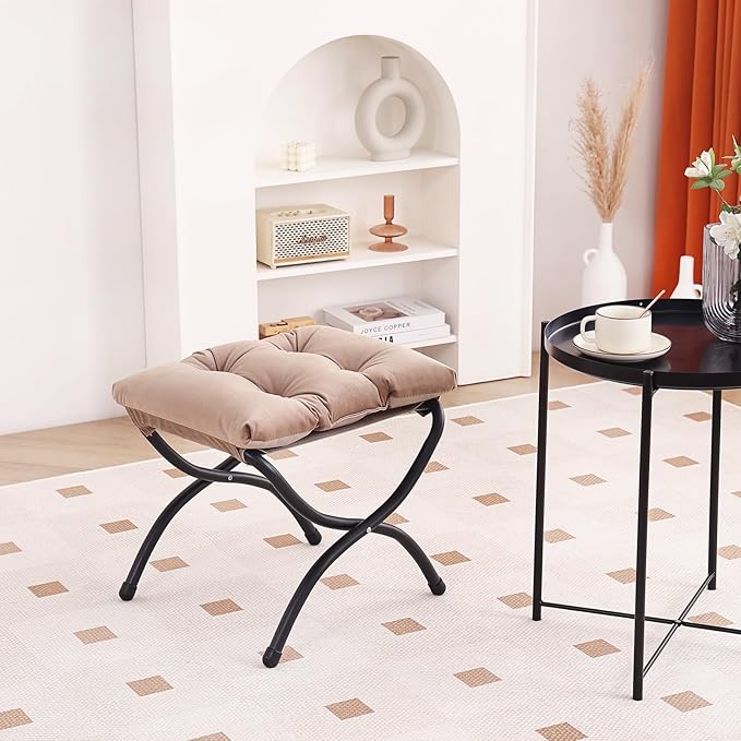 LITA Folding Upholstered Footrest Stool, Modern Small Portable Accent Ottoman with Detachable Thick Cotton Cushion Padded Sofa Stool with Metal Frame for Lazy Chair, Living Room & Bedroom, Khaki-DeskLoop Office