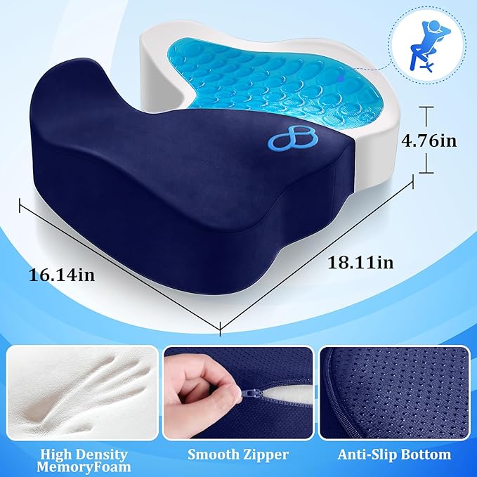Seat Cushion, Gel Chair Cushions, Office Chair Cushions, Anti-Slip Bottom & Removable Cover Tailbone Pain Relief Cushion, Memory Foam Seat Cushion for Office, Wheelchair, Car (Blue)-DeskLoop Office