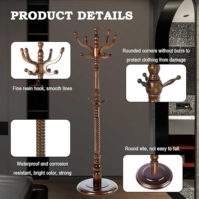 Coat Racks FreeStanding with 11 Hooks, Natural Wood Coat Rack with Solid Round Base, Adjustable Height Coat Racks, Easy Assembly for Hallway, Bedroom and Office (Walnut-Solid Round Base)-DeskLoop Office