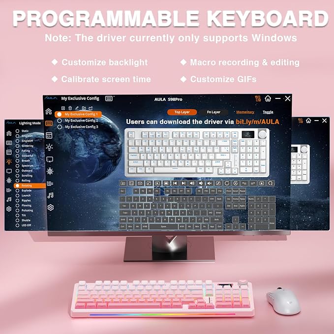 AULA S98 Pro Wireless Mechanical Keyboard with Screen & Knob,2.4GHz/USB-C/BT5.0 Hot Swappable Pink Creamy Keyboard,Pre-lubed Linear Switches,Side Printed PBT Keycaps,RGB Backlit Gaming Keyboards-DeskLoop Office