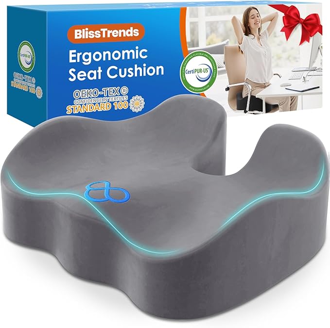 BlissTrends Seat Cushion,Thick Memory Foam Cushions for Office Chair, Car Seat, Airplane, Relieving Pressure Tailbone Sciatica Back Pain for Office Workers, Car Drivers 4.7in Thick LightGrey-DeskLoop Office