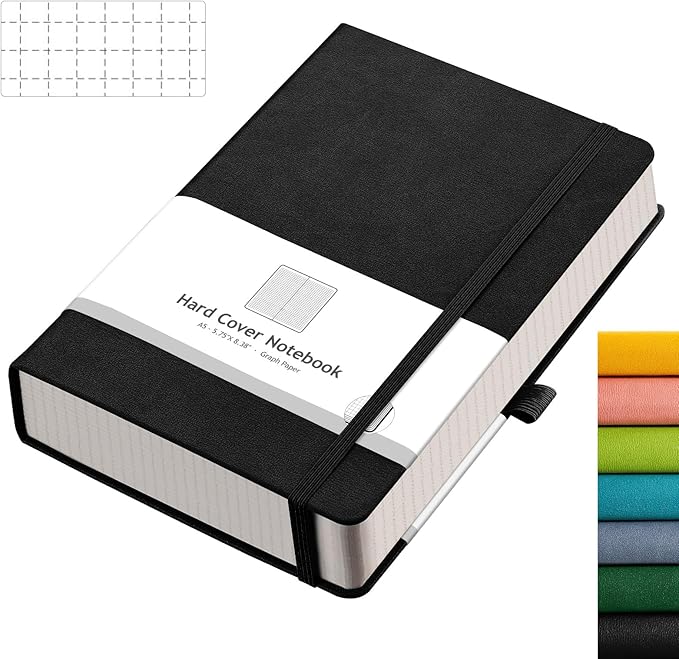 AHGXG Graph Paper Notebook - 320 Pages Grid Notebook Thick Journal A5, 100gsm Thick Graph Paper, Leather Hardcover, Inner Pocket,5.75'' × 8.38''- Black-DeskLoop Office