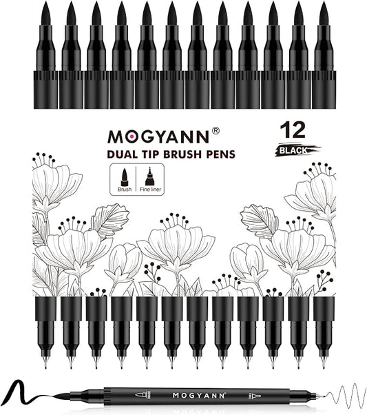 Drawing Pens, 12 Pack Dual Brush Pens Black Markers by Mogyann