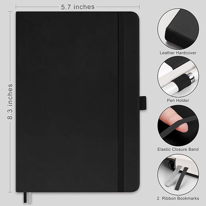 RETTACY Bullet Dotted Journal Notebook, 2-Pack, 160 Numbered Pages per Pack, A5 Medium Size (5.7'' x 8.3''), 120 GSM Thick Paper, Leather Hardcover, for Bullet Journaling (Black & Black)-DeskLoop Office