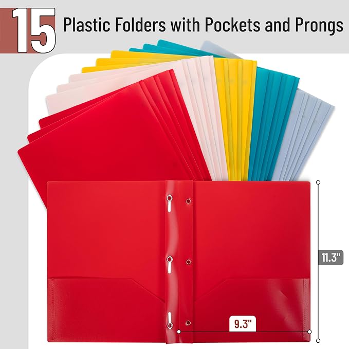 Mr. Pen- Plastic Folders with Pockets and Prongs, 15 Pack, Letter Size | - Image 2
