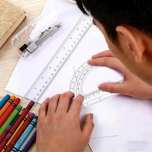 3 Packs Plastic 12 Inch Ruler, 6 Inch Clear Protractor and Compasses Set - Image 7