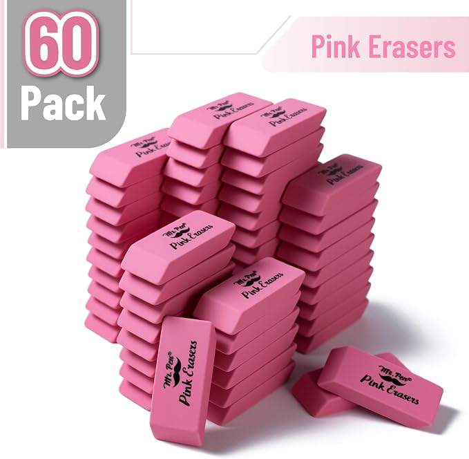 Mr. Pen- Pink Pencil Eraser Bulk, 60 Pack | Large Latex Free Block Erasers - Image 2