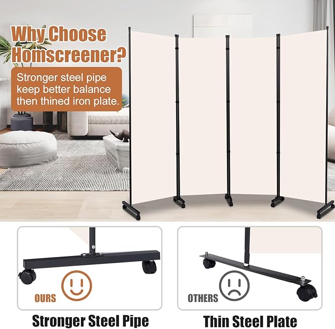 Room Divider Portable 88'' Partition Room Dividers and Folding Privacy Screens 4 Panel Wall Divider for Room Separation，Freestanding Fabric Room Divider Panel with Wheels for Home Office Hospital