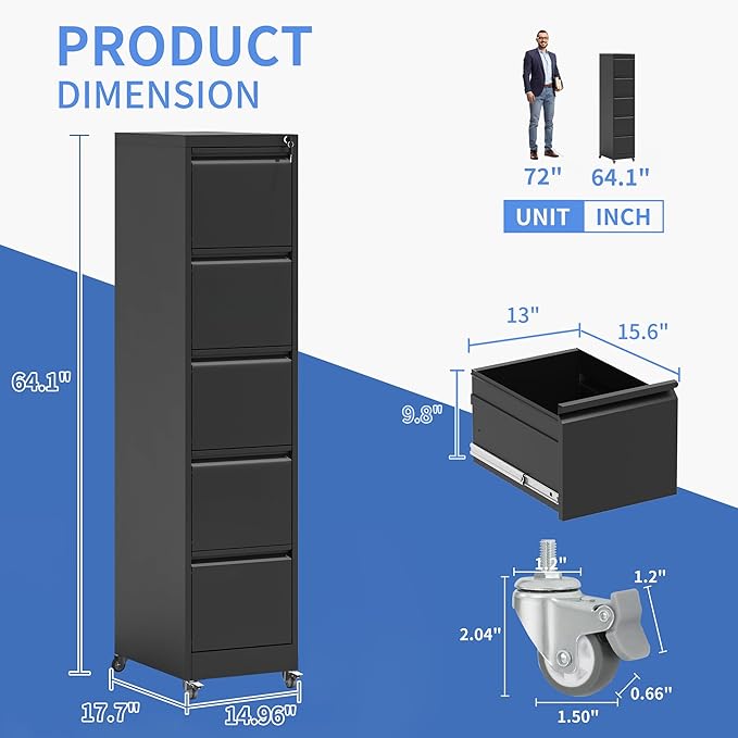 5 Drawer Mobile File Cabinet, Filing Cabinet Home Office for Letter, Legal Size, Black-DeskLoop Office