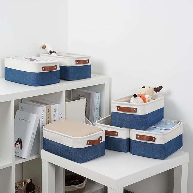 DULLEMELO Set of 6 Small Baskets for Organizing, Small Fabric Storage Bins for Toys Storage, Collapsible Storage Bins with Leather Handles for Shelves, Closets, Laundry, Nursery(White&Blue)-DeskLoop Office