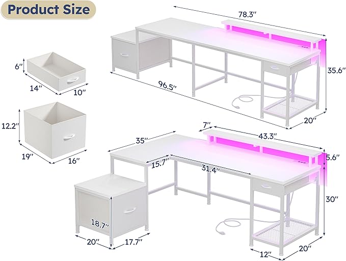 L Shaped Computer Desk with Drawers, Gaming Desk with LED Lights & Monitor Shelf, Office Desks with Power Outlets, Corner Desks for Home Office, Study Room and Bedroom, White-DeskLoop Office