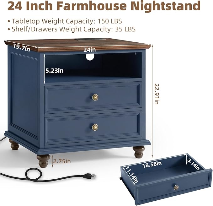 24" Wide Farmhouse Nightstand with Charging Station, End Table with 2 Drawers, Blue Wood Dresser for Bedroom Cabinet, Bed Side Table Chest of Drawers, Night Stand for Living Room, Closet-DeskLoop Office