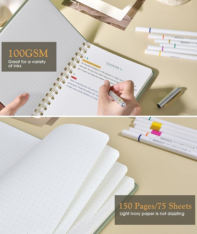 Dotted Spiral Journal Notebook, A5 Hardcover Spiral Journals for Women Men, 100 GSM Dot Grid Paper Notebooks, 150 Pages Spiral Bullet Dotted Notebook for Writing Note Taking 5.75" x 8.38", Sage Green-DeskLoop Office