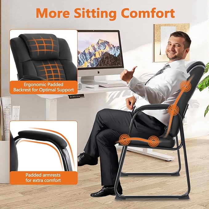 CLATINA Big & Tall 500 lb. Guest Chair, Leather Reception Chairs with Sled Base and Padded Arm Rest for Waiting Room Office Home and Meeting Conference-Black (2 Pack)-DeskLoop Office