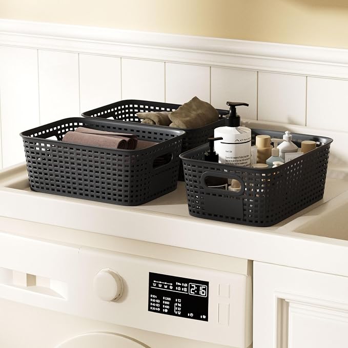 6Pcs Storage Bins with Lids, Stackable Plastic Storage Basket with Bamboo Lid - Image 4
