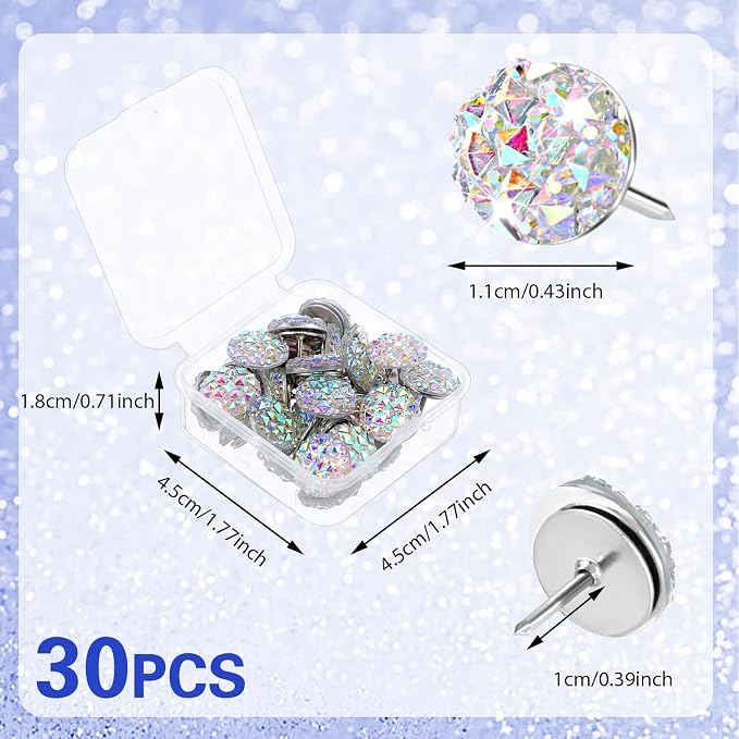 Mabor 30Pcs Decorative Thumb Tacks Glitter Rhinestone Cute Push Pins - Image 2