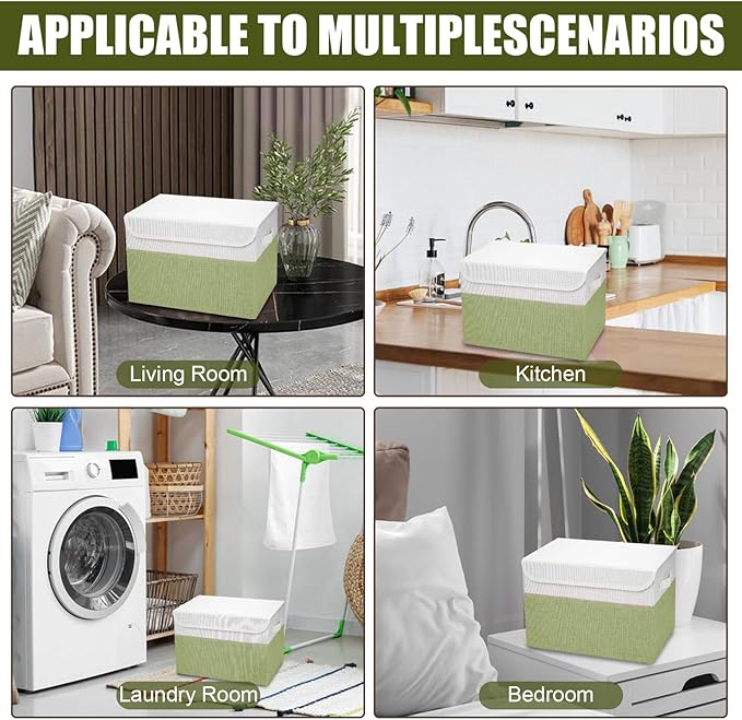 Large 22 Quart Linen Fabric Foldable Storage Bin Cube Organizer Basket with Flip-Top Lid & Handles, Clothes Blanket Box for Home, Office, Closet, Green & White, 4 Pack 14.6 x 9.5 x 9.5-DeskLoop Office