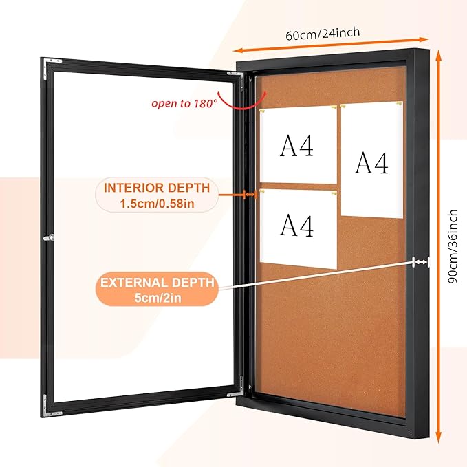 Enclosed Bulletin Board Outdoor Noticeboard with Locking Door, Weather-Resistant, Cork, Black Aluminum Frame, 36 x 24 in-DeskLoop Office