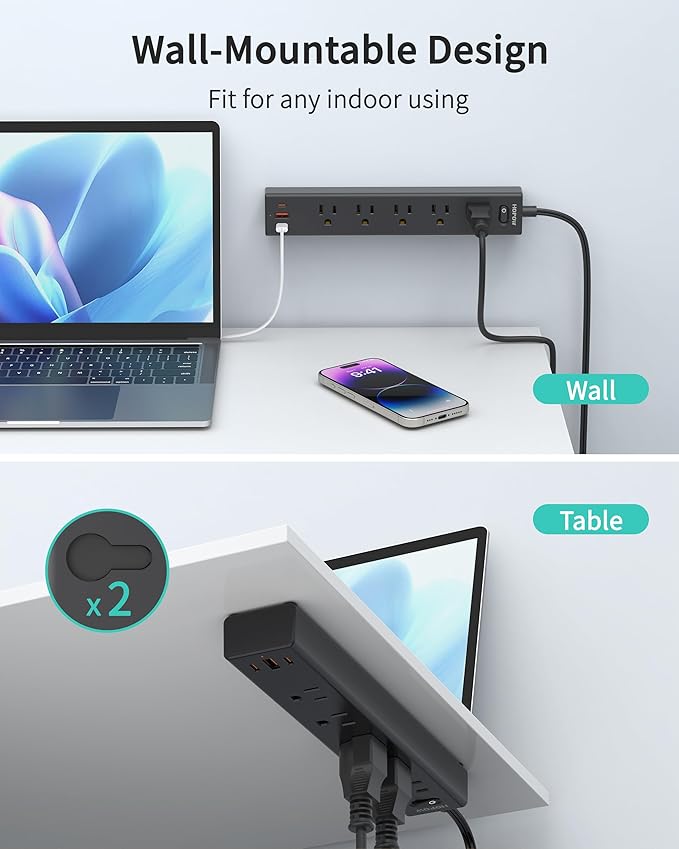 2 Prong Power Strip, 2 to 3 Prong Outlet Adapter with Polarized Plug, 1700J Surge Protector, 6ft Two Prong Extension Cord, 5 AC Outlets & 3 USB(5V 3.4A Max), Wall Mount for Non-Grounded Outlet-DeskLoop Office