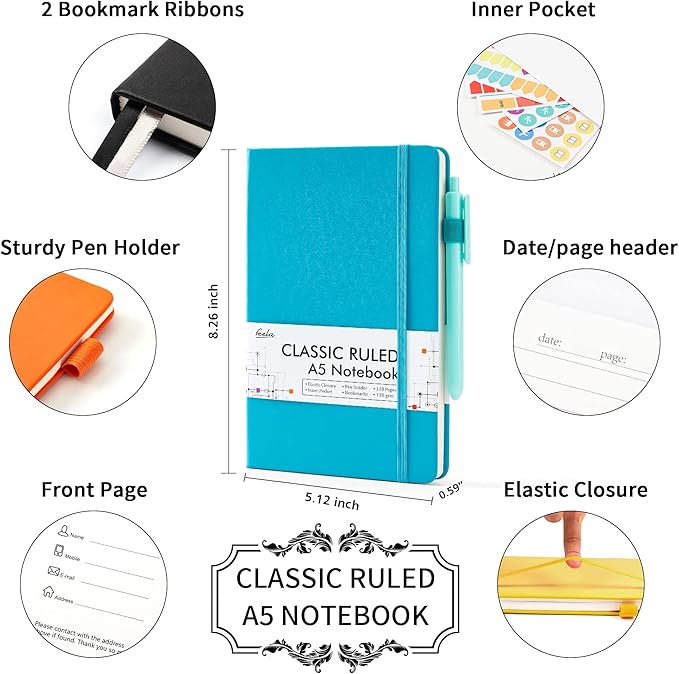 feela Journal Notebook Bulk for School, Hardcover Business Classic Ruled Lined Journals with Pen Holder for Work Office Journaling, with 5 Black Pens, 120 GSM, 5.1”x8.3”, 5 Pack, A5, Solid Colors-DeskLoop Office