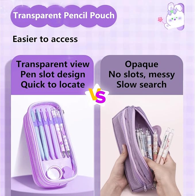 UINSUE Cute Pen case Adorable Bunny Transparent 3-Layer Large Capacity Pencil - Image 4