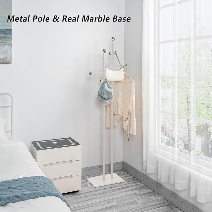Free Standing Coat Rack with Marble Base & 8 Steel Hooks Clothes Rack for Entryway Bedroom Living Room Hotel 14.96 x 10.24 x 68.9 Inches (White)-DeskLoop Office