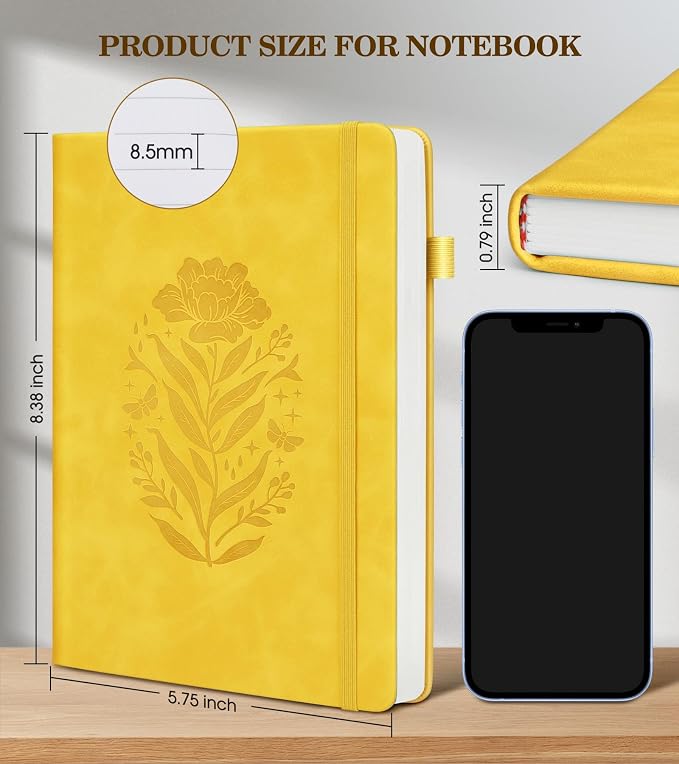 Lined Journal Notebook for Women, A5 Yellow Hardcover Leather Journals for - Image 3